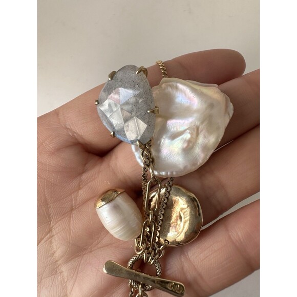 Chan Luu Gold Tone Baroque Pearl Labradorite Charm Toggle Necklace 30” - Picture 7 of 10